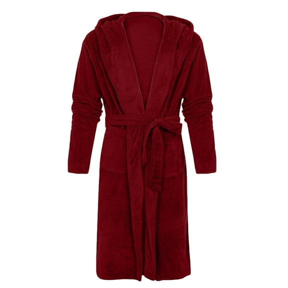 Lovskoo Men's Soft Plush Fleece Hooded Bathrobe Full Length Long Warm Lounge Robe With Hood Burgundy