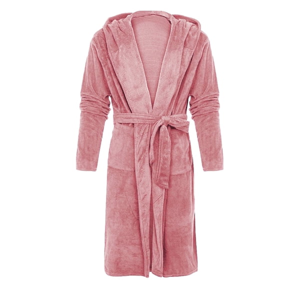 Lovskoo Men's Soft Plush Fleece Hooded Bathrobe Full Length Long Warm Lounge Robe With Hood Pink