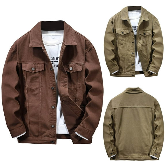 Lovskoo Men's Spring Long Sleeve Denim Jean Jacket Button Down Shirt Distressed Casual Turn-Down Collar Button Cardigan with Pockets Coffee