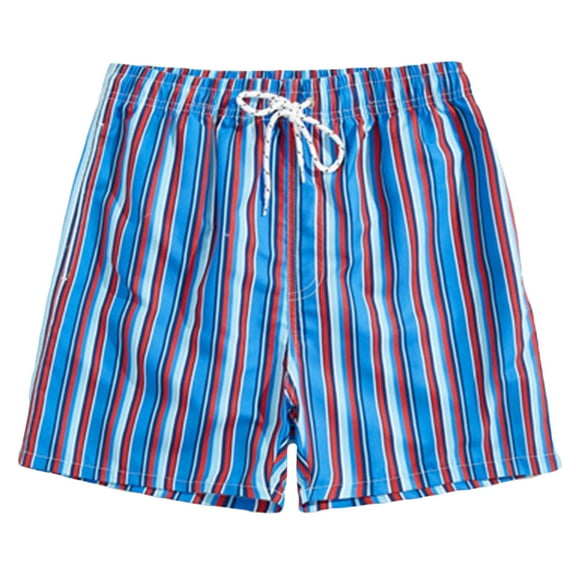 Lovskoo Men's Summer 2024 Board Shorts Trendy Casual Drawstring Elastic Waist Stripe Printing Beach Shorts Blue XL