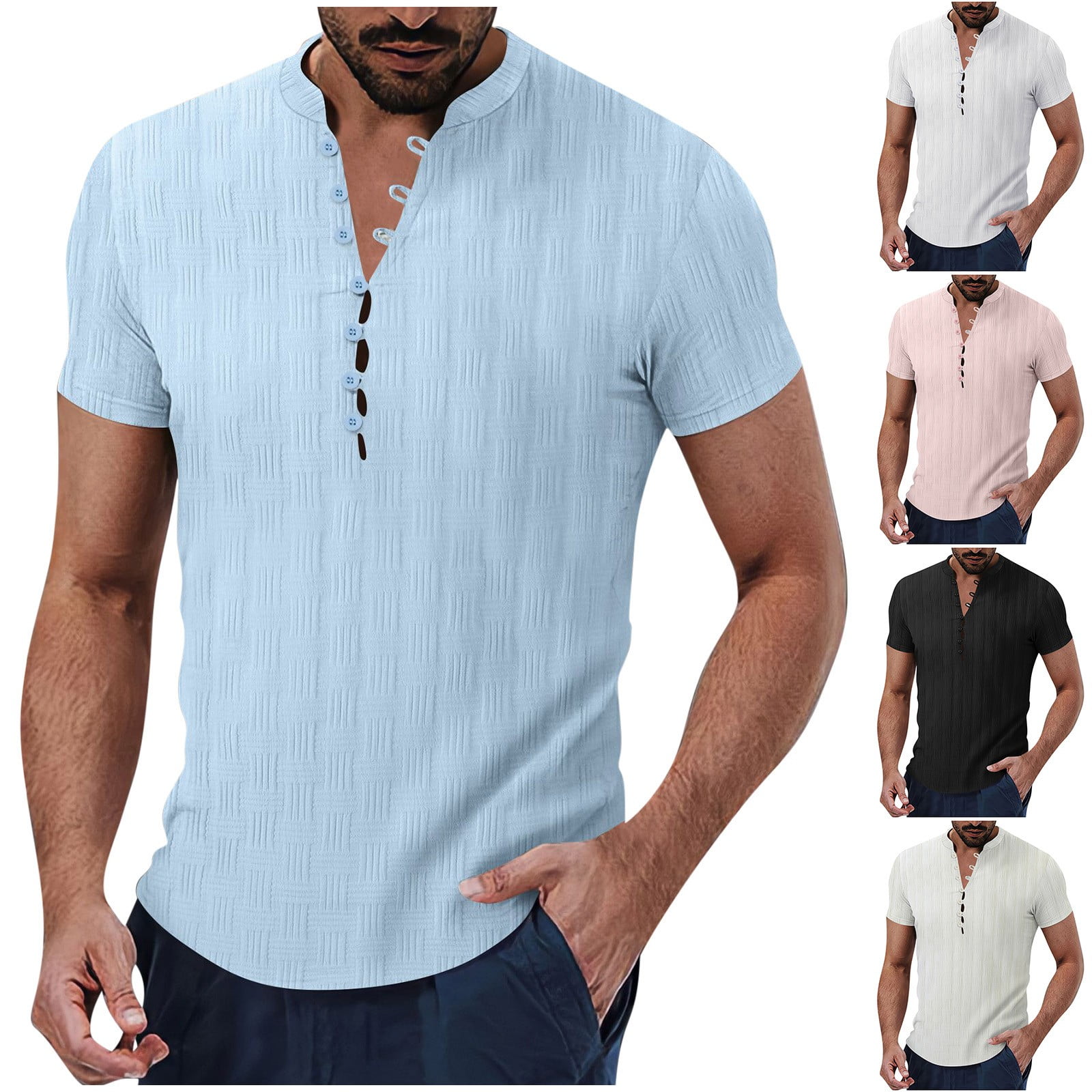 Lovskoo Men's Summer Button Up Short Sleeve Shirt Casual V Neck Plain ...