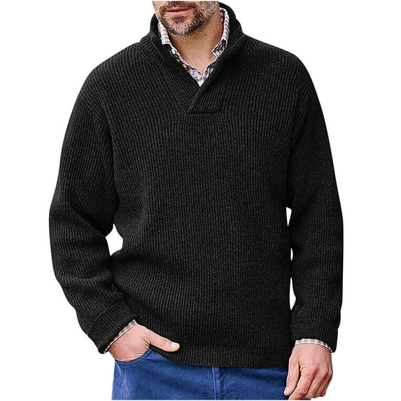 Lovskoo Men's Sweaters Pullover Stand Collar Elastic Solid Color Knit Tops Long Sleeve Sweater Black