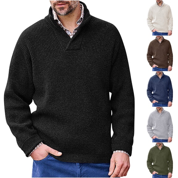 Lovskoo Men's Sweaters Pullover Stand Collar Elastic Solid Color Knit Tops Long Sleeve Sweater Dark Blue