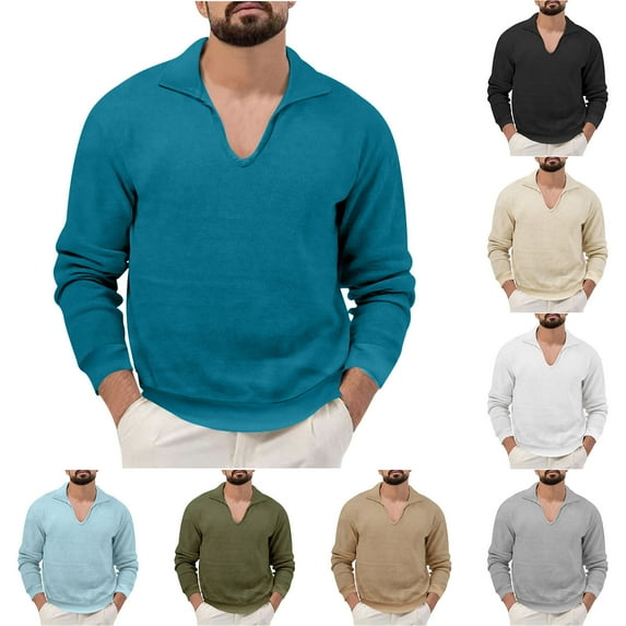 Lovskoo Men's Sweaters Pullover Stand Collar Elastic Solid Color V Neck Long Sleeve Sweater Knit Tops Black