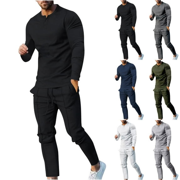 Lovskoo Men's Track Suits 2 Piece Set Round Neck Solid Color T-Shirt Set Sports Long Sleeve Hooded Casual Outwear & Jackets Sets White