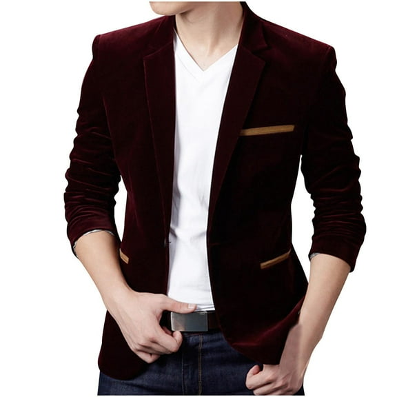 Lovskoo Men's Vintage Casual Work Wear Corduroy Suit Blazer Jacket Solid Color Sport Coat Claret