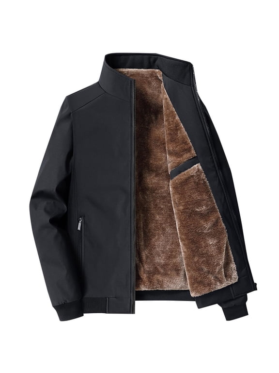 Men's Bomber Jacket Fleece Lined Solid Color Long Sleeve Windproof Zipper Stand Up Collar Pocket Thick Jacket Coat Black