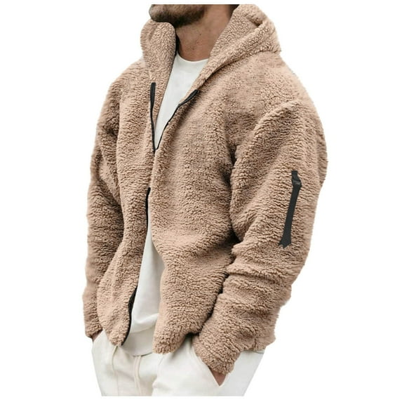Lovskoo Men's Fuzzy Fleece Winter Coat Solid Color Plush Pocket Zipper Long Sleeve Hooded Casual Jackets Khaki