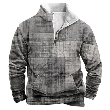Lovskoo Men's Western Fleece Jacket Cowboy Winter Vintage Print Pullover 1/4 Zip Stand Collar Lapel Long Sleeve Country Sweatshirts with Pocket Gray