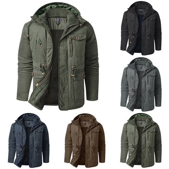 Lovskoo Men's Winter Coats Fleece Parkas Anoraks Thick Warm Long Sleeve Velvet Hooded Multi-Pocket Casual Cotton Padded Jacket Black
