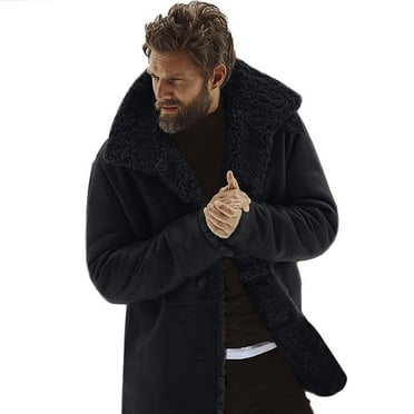 Lovskoo Men's Winter Jacket Lined Sherpa Jacket Casual Casual Solid Color Coats Long Sleeve Button Overcoat Jacket Black
