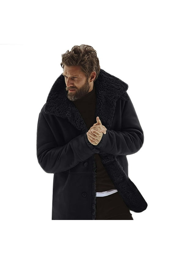 Men's Winter Jacket Lined Sherpa Jacket Casual Casual Solid Color Coats Long Sleeve Button Overcoat Jacket Black