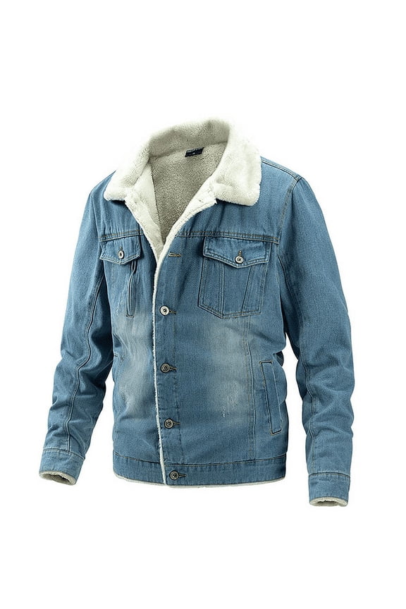 Men's Winter Medium-Length Lambswool Denim Jacket Padded Warm Jacket Casual Coat Blue