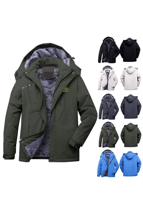 Men's and Women's Rain Jacket Hooded Technical Winter Fleece Lined Casual Waterproof Windbreaker Outdoor Charging Breathable Thicke Mountain Climbing Clothes Trendy Jacket Green