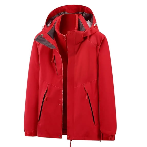 Lovskoo Men's and Women's Rain Jacket Sport Casual Waterproof Windbreaker Winter Hooded Softshell Windproof Soft Coat Detachable Cap Long Sleeve Jacket Red