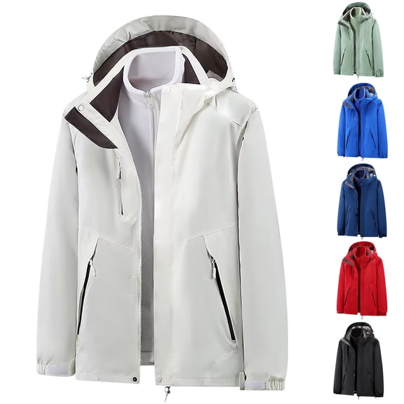 Lovskoo Men's and Women's Rain Jacket Sport Casual Waterproof Windbreaker Winter Hooded Softshell Windproof Soft Coat Detachable Cap Long Sleeve Jacket White