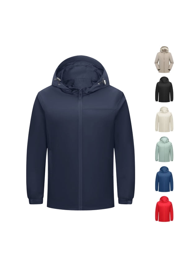 Men's and Women's Rain Jacket Technical Casual Waterproof Windbreaker Winter Hooded Softshell Windproof Soft Thin Coat Long Sleeve Fall Jacket Navy