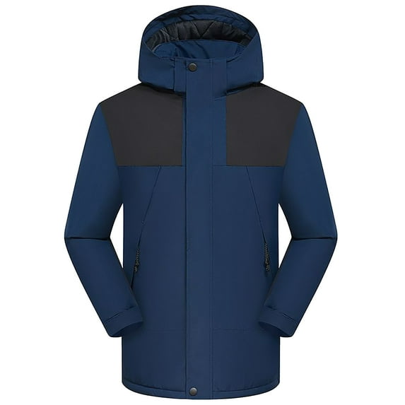 Lovskoo Men's and Women's Rain Jacket Technical Fleece Lined Casual Waterproof Windbreaker Hooded Thick Plush Contrast Color Outdoor Winter Warm Jacket Dark Blue