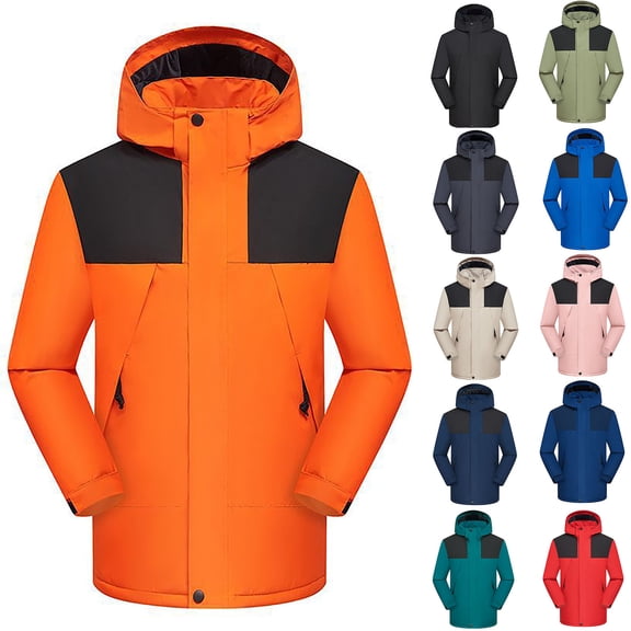 Lovskoo Men's and Women's Rain Jacket Technical Fleece Lined Casual Waterproof Windbreaker Hooded Thick Plush Contrast Color Outdoor Winter Warm Jacket Navy