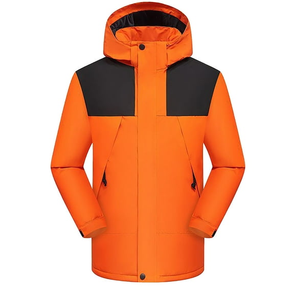 Lovskoo Men's and Women's Rain Jacket Technical Fleece Lined Casual Waterproof Windbreaker Hooded Thick Plush Contrast Color Outdoor Winter Warm Jacket Orange