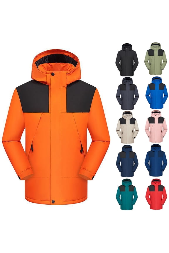 Men's and Women's Rain Jacket Technical Fleece Lined Casual Waterproof Windbreaker Hooded Thick Plush Contrast Color Outdoor Winter Warm Jacket Orange