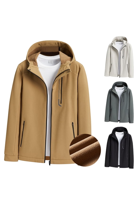 Men's and Women's Rain Jacket Technical Winter Fleece Lined Casual Waterproof Windbreaker Sprint Coat Thin Style Outdoor Ski Outerwear Hooded Coat Long Sleeve Jacket Khaki