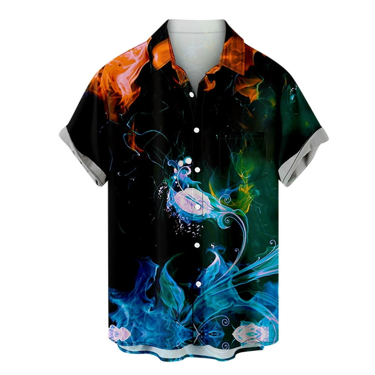 Lovskoo Men's creative print T-shirt with lapel and open side Men Casual  Buttons Beach Non-positioning Print Turndown Short Sleeve Shirt Blouse