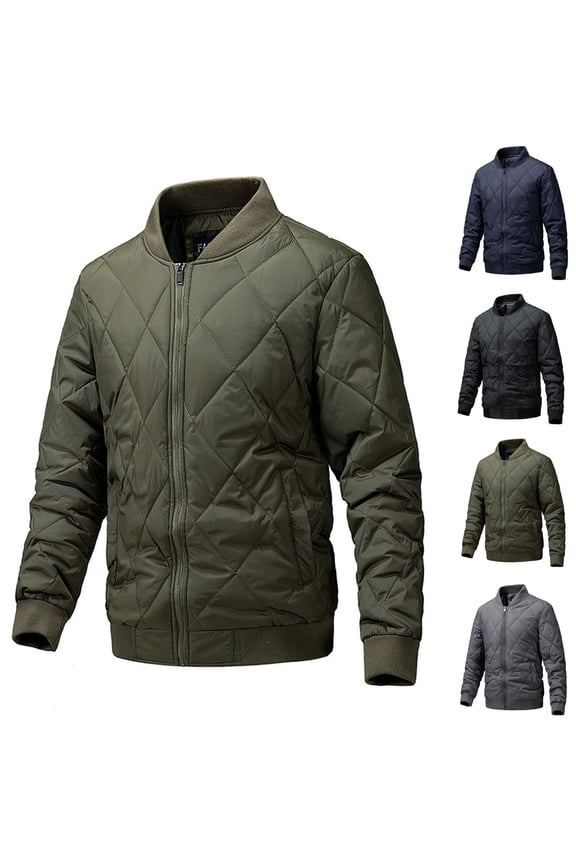 Mens Bomber Jackets Diamond Quilted Fall Winter Zipper Lapel Casual Outdoor Short Coat Black
