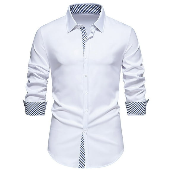 Lovskoo Mens Button Down Long Sleeve Shirt Collared Striped Solid Color Blocking Casual Shirt Lapel Top Shirt White