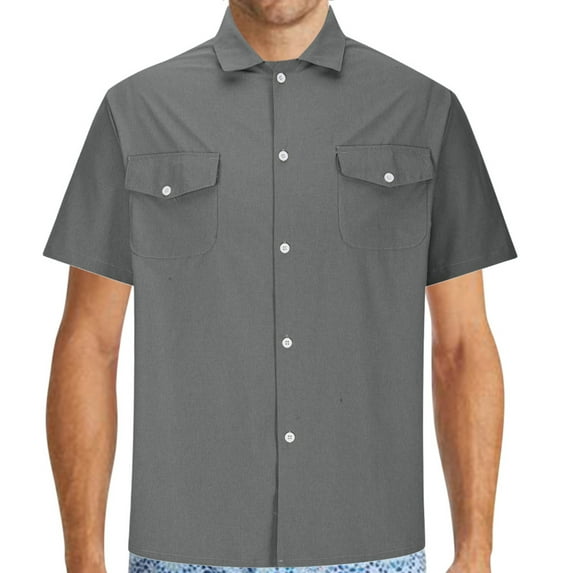 Lovskoo Mens Button Down Short Sleeve Shirt Collared Shirt Casual Hollow Out Solid Color Blouse Shirt Dark Gray