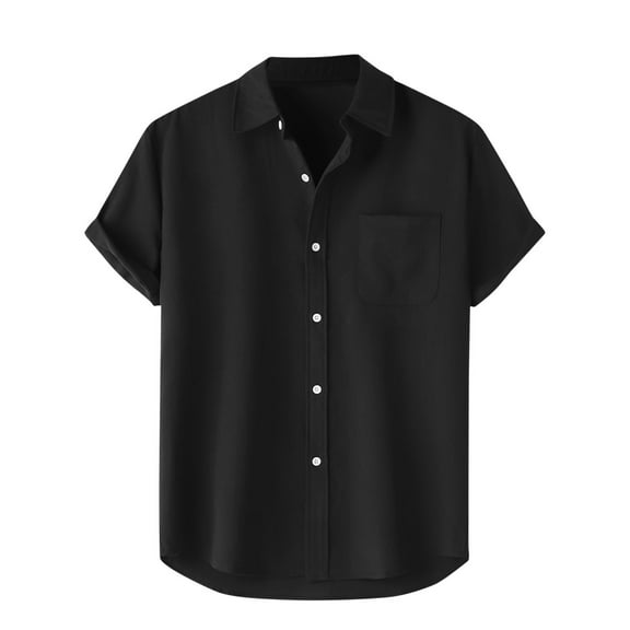Lovskoo Mens Button Down Short Sleeve Shirt Collared Shirt Casual Solid Color Button Closure Shirt Hawaii Blouse Black