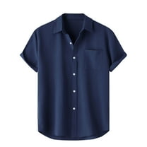 Lovskoo Mens Button Down Short Sleeve Shirt Collared Shirt Casual Solid Color Button Closure Shirt Hawaii Blouse Navy
