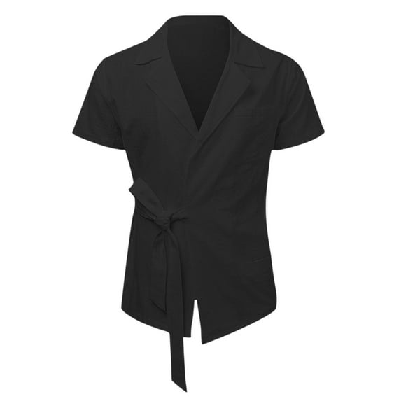 Lovskoo Mens Button Down Short Sleeve Shirt Collared Shirt Casual Solid Color Button Frenulum Shirt Pockets Blouse Black