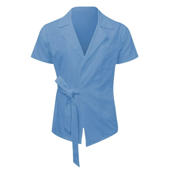 Lovskoo Mens Button Down Short Sleeve Shirt Collared Shirt Casual Solid Color Button Frenulum Shirt Pockets Blouse Sky Blue