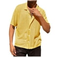 thumbnail image 1 of Lovskoo Mens Button Down Short Sleeve Shirt Collared Shirt Casual Solid Color Knit Hollow Shirts Yellow, 1 of 8