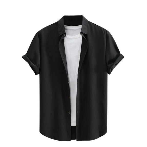 Lovskoo Mens Button Down Short Sleeve Shirt Collared Shirt Formal Solid Color Print Shirt Blouse Black