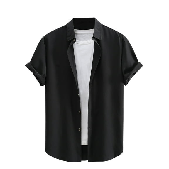 Lovskoo Mens Button Down Short Sleeve Shirt Collared Shirt Formal Solid Color Print Shirt Blouse Black