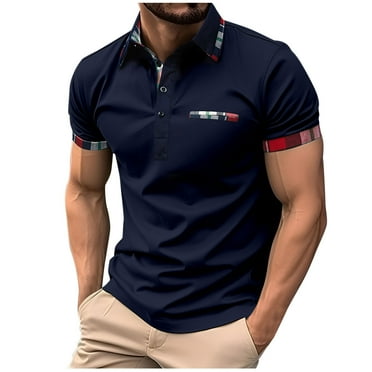 Lovskoo Mens Button Down Short Sleeve Shirt Collared Shirt Solid Color Casual Button Patchwork Pullover T Shirt Tops Navy