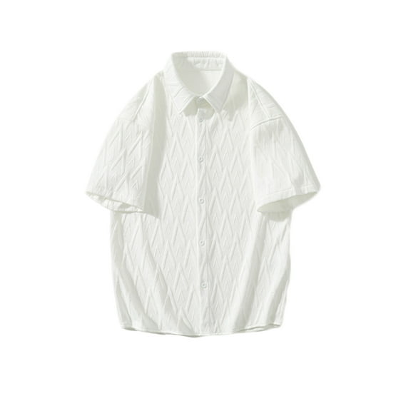 Lovskoo Mens Button Down Short Sleeve Shirt Collared Shirt Solid Color Casual Trendy Knit Button Shirt Blouse White