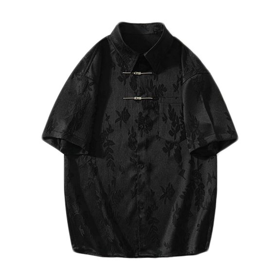 Lovskoo Mens Button Down Short Sleeve Shirt Collared Shirt Solid Color Casual Trendy Print Button Shirt Blouse Black