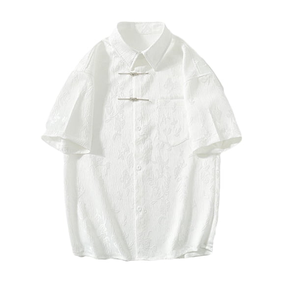 Lovskoo Mens Button Down Short Sleeve Shirt Collared Shirt Solid Color Casual Trendy Print Button Shirt Blouse White