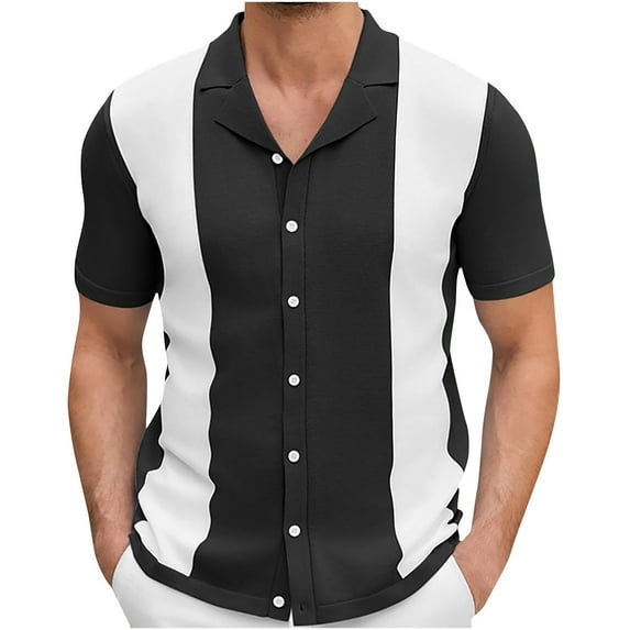 Lovskoo Mens Button Down Short Sleeve Shirt Collared Shirt Trendy Knit Casual Color Block Blouse Shirt Black