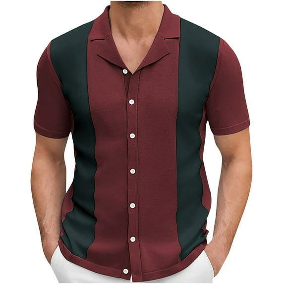 Lovskoo Mens Button Down Short Sleeve Shirt Collared Shirt Trendy Knit Casual Color Block Blouse Shirt Burgundy