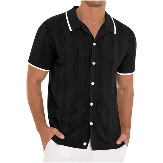 Lovskoo Mens Button Down Short Sleeve Shirt Collared Shirt Trendy Knit Hollow Out Casual Solid Color Blouse Shirt Black