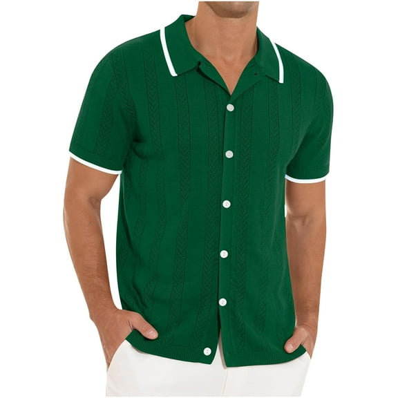 Lovskoo Mens Button Down Short Sleeve Shirt Collared Shirt Trendy Knit Hollow Out Casual Solid Color Blouse Shirt Green