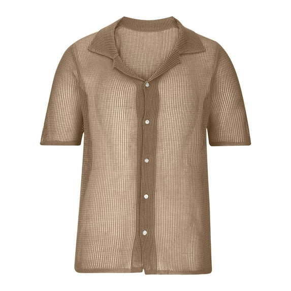 Lovskoo Mens Button Down Short Sleeve Shirt Collared Shirt Trendy Knit Hollow Out Casual Solid Color Blouse Shirt Khaki