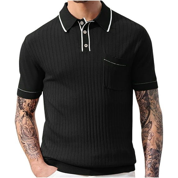 Lovskoo Mens Button Down Short Sleeve Shirt Collared Shirt Trendy Knit Ribbed Casual Solid Color Blouse Shirt Black
