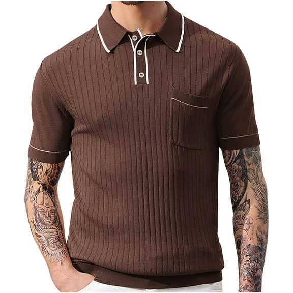 Lovskoo Mens Button Down Short Sleeve Shirt Collared Shirt Trendy Knit Ribbed Casual Solid Color Blouse Shirt Coffee
