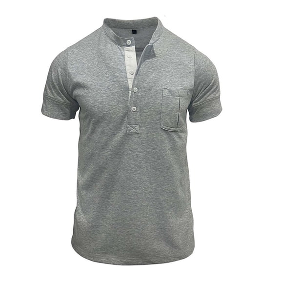 Lovskoo Mens Button Down Short Sleeve Shirt Mock Neck Muscle Basic Solid Color Blouse Tee Shirt Top Blouse Shirt Gray
