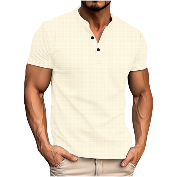 Lovskoo Mens Button Down Short Sleeve Shirt V Neck Solid Color Button Casual Blouse Shirt Khaki